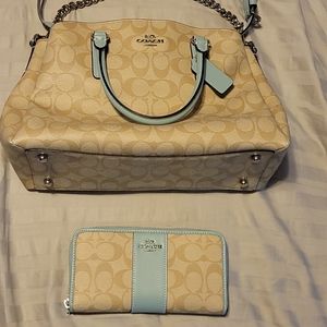 Coach cream/blue signature shoulder bag & wallet